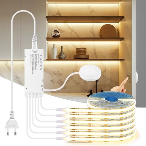 Bande COB LED 12V 3m coupable à la longueur souhaitée avec interrupteur tactile et variateur manuel adaptée aux armoires de cuisine présentoirs étagères Blanc chaud 3M (1/5)