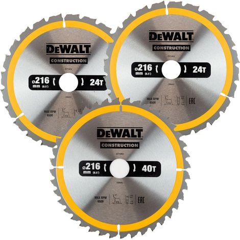 DEWALT DT1962 Construction Circular Saw Blade 3 Pack 216 x 30mm 2 x 24T 1 x 40T (1/2)
