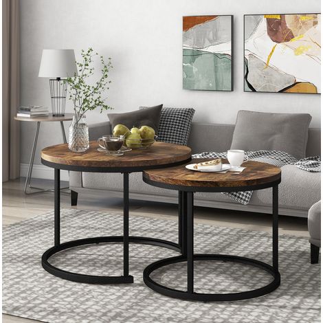 Table basse ronde gigogne lot de 2 MDF marron HAVRYA (1/5)