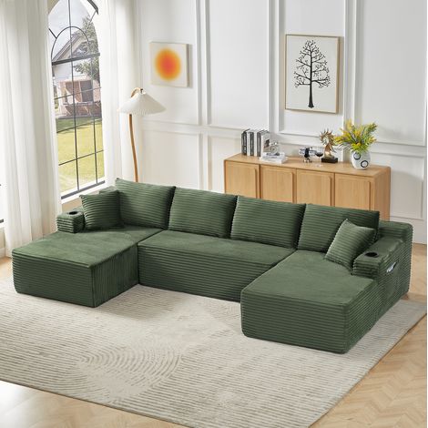 Sofá modular en U sin estructura, terciopelo acanalado verde, 339 x 168 x 82 cm DESVIAE (1/5)