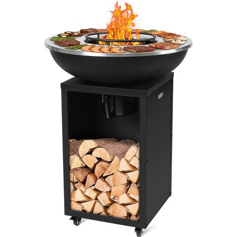KOTEZU Brasero Barbecue Charbon Ø 67 cm Grille Ø28 cm pour Jardin Terrasse, 2 en 1 Plancha, 5-10 Personnes, Cendrier Amovible et Roulettes (1/5)