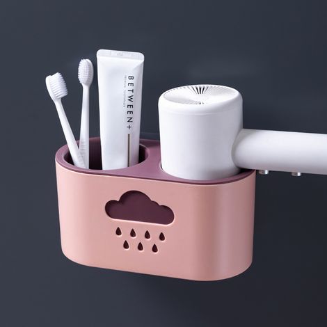 Support de sèche-cheveux support de rangement pour sèche-cheveux fournitures de coiffure boîte de rangement support de sèche-cheveux sans poinçonnage rose (1/2)