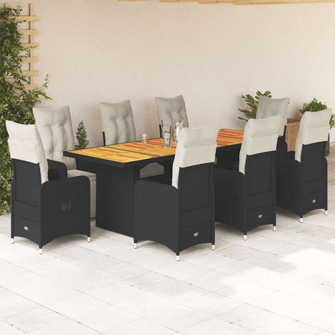 Ensemble de jardin 9 pièces, 8 fauteuils inclinables, table et coussins, poly rotin noir - PANGIVO (1/5)