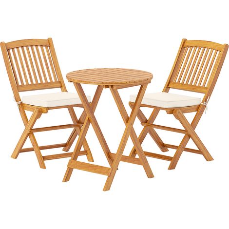Ensemble bistrot de jardin beige 3 pièces pliable en bois d'acacia avec coussins lavables pour terrasse et balcon (1/5)