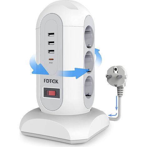 9 Prises Tour Multiprise avec Interrupteur avec 3 USB-A et 1 USB C Prise Multiple Tour de Protection Contre Les Surcharges, Tour Prise avec Rétractable Cordon de 1,8M, Multiprise pour Maison (1/5)