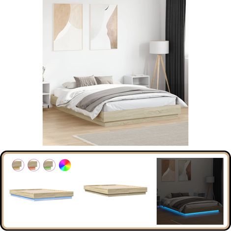 Bettgestell mit LED Sonoma-Eiche 160x200 cm - Holzbettfassungen - Bettsystem - Lattenrost - Schlafzimmermöbel - Sonnenholzböden (1/5)