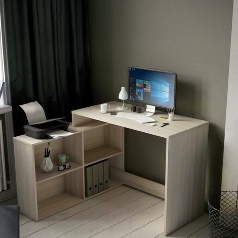 Dmora - Escritorio Kyarr, Escritorio multiusos, Mesa de oficina para PC, El plan de trabajo, 112x101 h77 cm, Roble y Blanco (1/5)