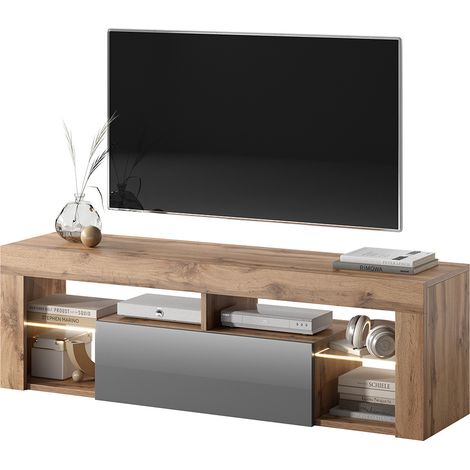 Selsey – Meuble TV Bianko 140 cm – Chêne lancaster et gris brillant – 4 niches ouvertes avec tablettes en verre – Éclairage LED inclus (1/7)