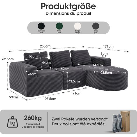 Canapé 3 places 265 cm avec accoudoirs porte-gobelets, coussins en plumes - canapé moelleux pour petit espace, appartement ou bureau (1/4)