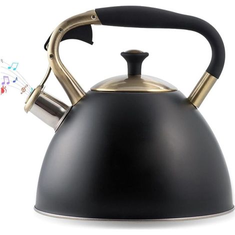 Bouilloire à induction - 3 l - En acier inoxydable - Avec sifflet automatique - Bouilloire pour thé et café - Rétro - Pour cuisinière électrique et cuisinière à gaz - Noir (1/5)