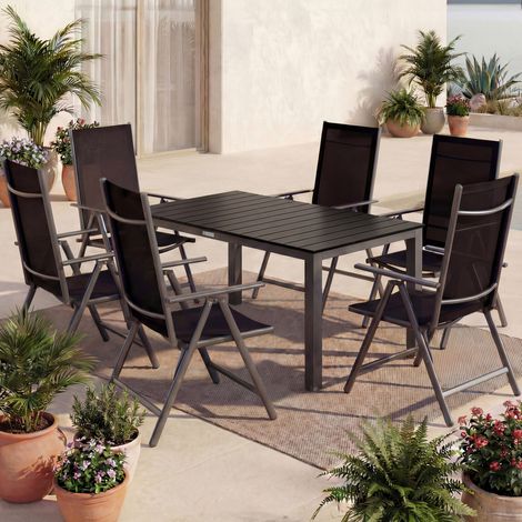 CASARIA® Gartenmöbel Set 6 Stühle mit WPC Tisch 140x80cm Aluminium Wetterfest Klappbar Modern Terrasse Balkon Möbel Sitzgruppe Garnitur Bern