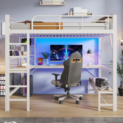 Lit mezzanine - 160x200 cm - bureau intégré - échelle - barrières de sécurité - rangements intégrés - éclairage led - blanc (1/5)