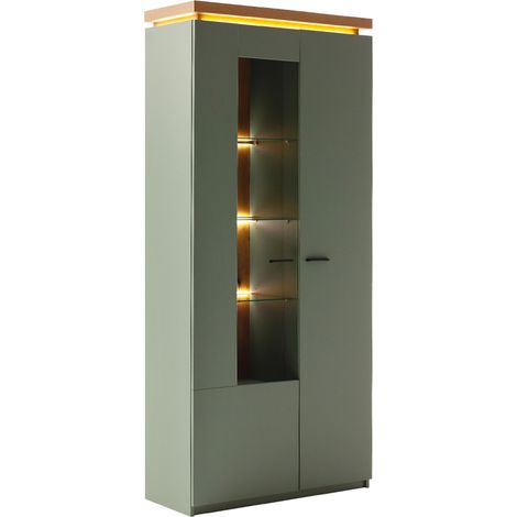 Esszimmer-Vitrinenschrank mit 88 cm Breite in Grün mit Eiche, 2 Türen, Glaseinsatz,LED-Beleuchtung - MOSTAR-05 (1/5)