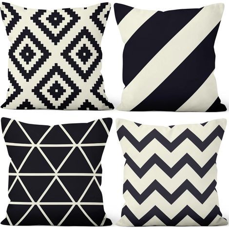 Housses de Coussin Lot de 4, Géométrique Noir Et Blanc À Rayures Minimalistes Doux Court Peluche Carré Taie d'oreiller pour Sofa Canapé Chambre Auto Chaise Domicile Décor 45x45cm (1/5)
