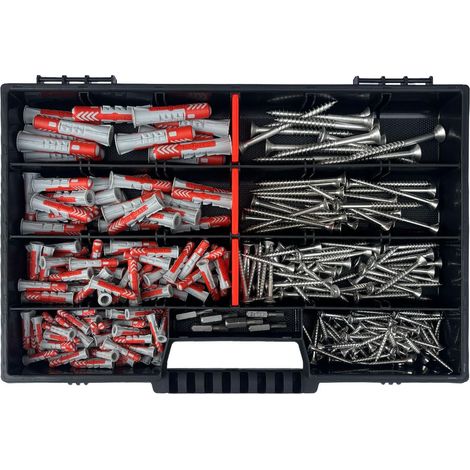 Lot de vis en acier inoxydable V2a - Avec chevilles DuoPower - 280 pièces dans un coffret de rangement - 6 embouts Torx - Dimensions 5 x 25 à 10 x 50 mm - Kit de fixation (1/5)