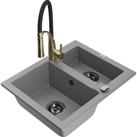 Mexen Carlos Granitspüle 1,5-Becken mit Küchenarmatur Aster, grau - 6518-71-73450-57-B (1/5)