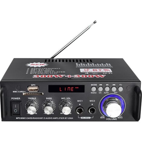 Bluetooth Stereo Audio Amplifier 300W + 300W Mini Digital Audio Amplifier HiFi Music SD USB FM 12V/220V with IR Remote Control (1/5)