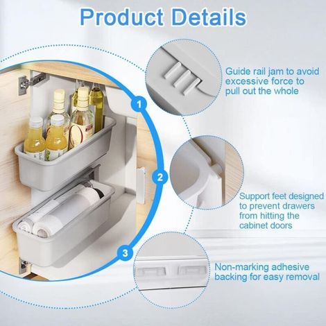 Set di 2 cestelli scorrevoli organizer, 37,6x15,2x11,2 cm, ripiano portaoggetti sottolavello, cestello portaoggetti scorrevole per cucina con 2 binari e 4 supporti adesivi, bianco