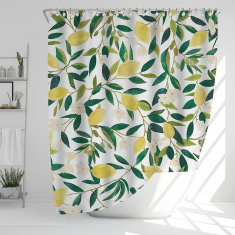 Rideau de Douche en Tissu imperméable avec 12 Crochets, Motif Citron, Fruits, Feuilles Vertes, Plantes, 183 x 183 cm