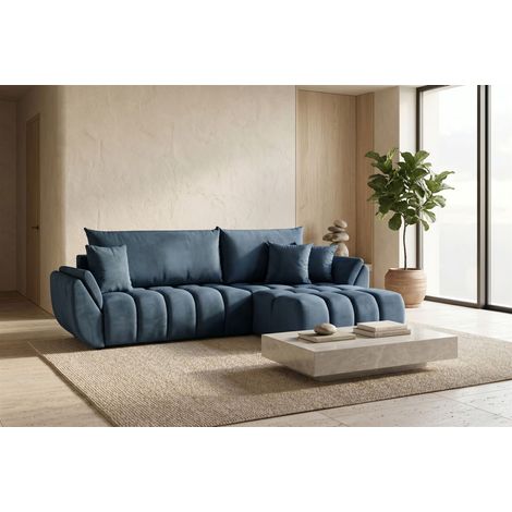 Ecksofa Schlafsofa Sofa COLLIN in Stoff Monolith Blau Ottomane Rechts