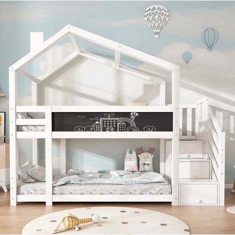 DESVIAE Lit superposé enfant cabane avec tableau et rangements 90 x 200 cm blanc en bois avec escalier sécurisé et barrières de sécurité (1/5)