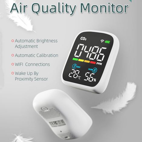 Mini-détecteur intelligent de CO₂ connecté au Wi-Fi, appareil portable 3-en-1 de surveillance de la qualité de l'air intérieur, détecteur de CO₂, plage de mesure : 400 à 5 000 ppm (1/5)