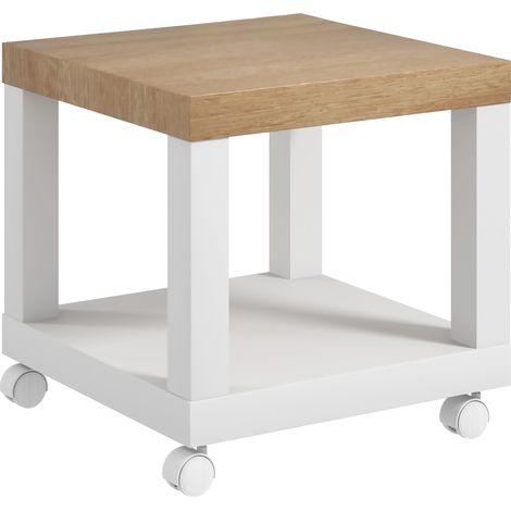 Table roulante d'appoint 40x40x40 cm, table basse design avec étagère, bois naturel et blanc (1/5)