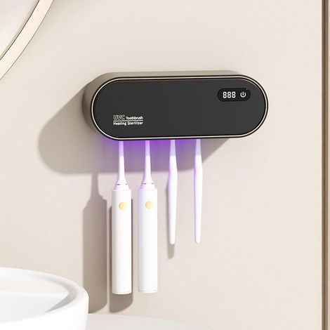 Soporte para cepillos de dientes UV de pared sin necesidad de taladrar, con función de secado y temporizador, batería recargable de 1800 mAh (1/5)