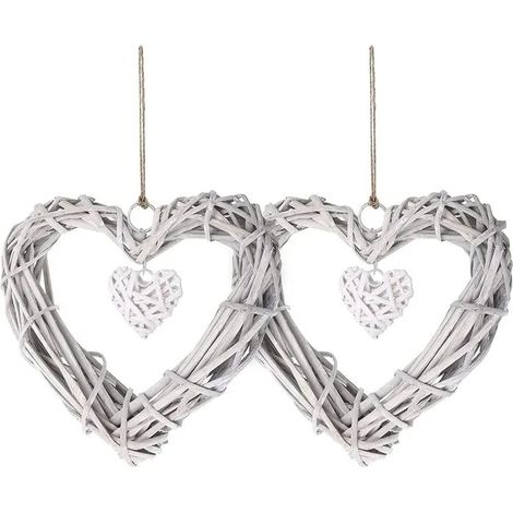 2 Cœurs en osier suspendus, décoration rotin forme cœur pour mariage, fête, intérieur. Lot de 2. (1/5)