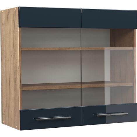Mobile da cucina in vetro Fame-Line, Blu scuro lucido, 80 cm, Vicco