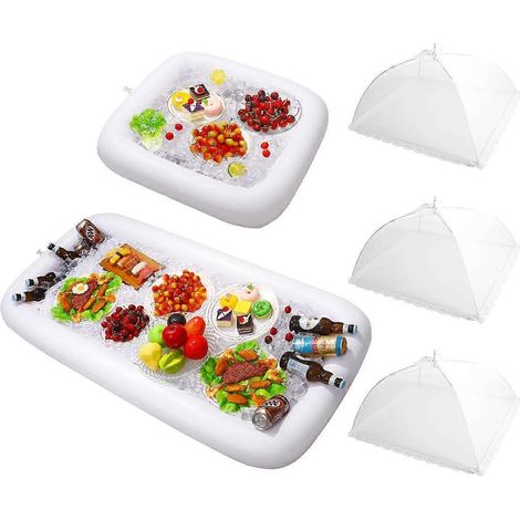 Lot de 2 barres de service gonflables avec bouchon de vidange - Plateau buffet pour aliments, boissons et salades avec couvercle en filet pour fêtes intérieures et extérieures, piscine, pique-nique, l (1/5)
