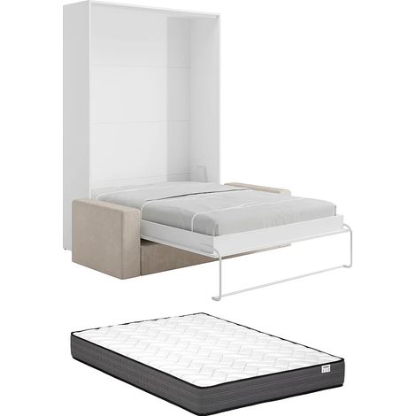Letto a scomparsa 160 x 200 cm - Apertura verticale manuale - Bianco + Materasso + Divano - BEGANIO (1/5)