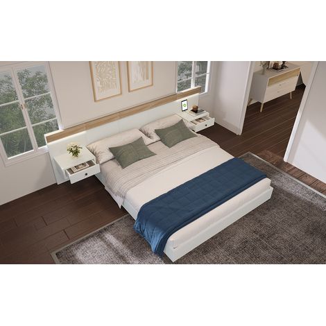 Cama 160x200 cm de madera blanco/roble con 2 mesitas LED, para dormitorio, sin colchón – MEUBLIV (1/5)