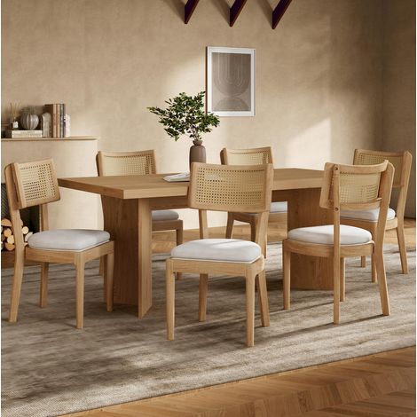 6er-Set Esszimmerstühle 50x58x88 cm aus Holz und Rattan, Leinenpolster, stabil – MEUBLIV (1/5)