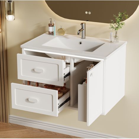 Mueble de baño con lavabo 76 x 46 x 51 cm, LED con sensor radar, 2 cajones, blanco DESVIAE (1/5)