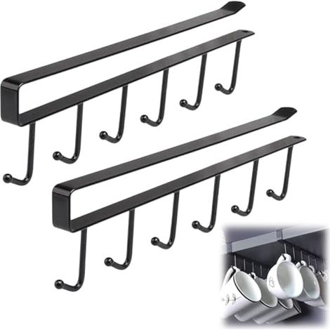 Lot de 2 porte-gobelets noirs à 6 crochets sous une armoire, rangement sous une étagère, pour restaurant, café, bar, cuisine, avec vis adhésive (1/5)
