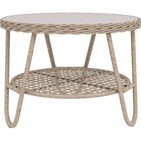Mesa de centro de ratán para exteriores, de dos niveles, con tablero de cristal y patas ajustables.