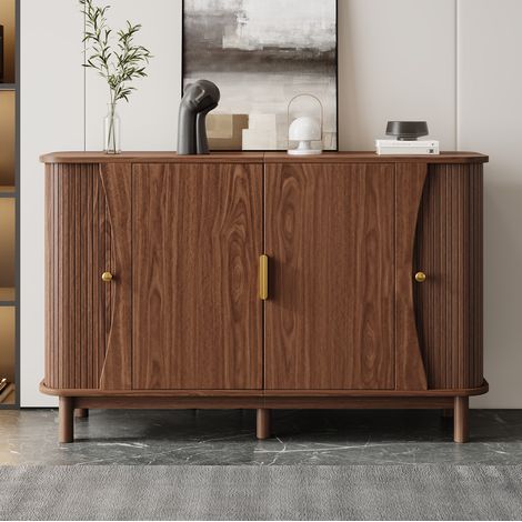 Credenza 140x40x88 cm con 3 vani, ante scorrevoli, bordi arrotondati, MDF, colore noce (1/5)