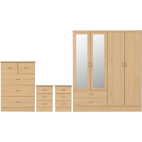 Nevada 4 Door 2 Drawer Mirrored Wardrobe Bedroom Set - Sonoma Oak Effect (1/5)
