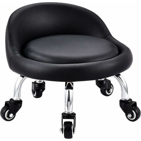 Tabouret Bas avec Roues, Mini Tabouret à roulettes Pied Bas, Dossier Simili Cuir Siège Faible Métal Piétement, 360° Banc Rond en Cuir avec 5 Roues pour Le Bureau à Domicile ou Le Fitness(Noir) (1/4)