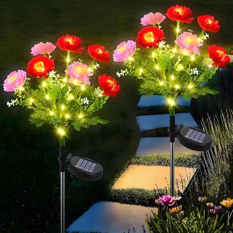 2 lampes solaires à piquet pivoine avec 14 fleurs artificielles, éclairage automatique étanche pour allée jardin terrasse et pelouse (1/5)