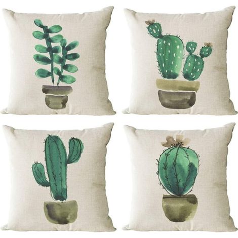Ensemble de 4 housses de coussin décoratives carrées en coton et lin, motif cactus, pour canapé d'extérieur ou d'intérieur, 45 x 45 cm (18 x 18 pouces). (1/5)