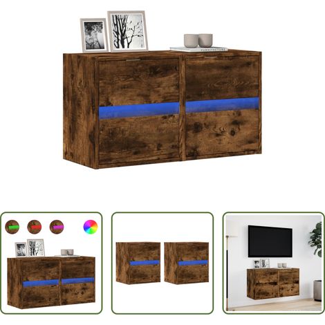 Armoire TV murale - Meubles TV muraux et lumières LED 2 pcs chêne fumé 41x31x45 cm (1/5)