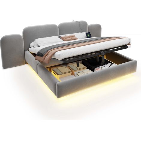 Polsterbett 180 x 200 cm, Doppelbett aus Samt mit Stauraum, RGB-LED, USB und Type-C, ohne Matratze, Grau (1/5)