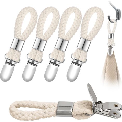 Set di 6 fermagli per asciugamani, fermagli in metallo, porta asciugamani da bagno, anelli in cotone intrecciato, adatti per bagno e cucina, 4,5 x 0,9 pollici, beige (1/5)