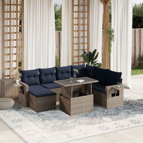 Salon de jardin modulable 8 pièces en résine tressée grise avec coussins bleu marine, 70.6kg - PANGIVO (1/5)