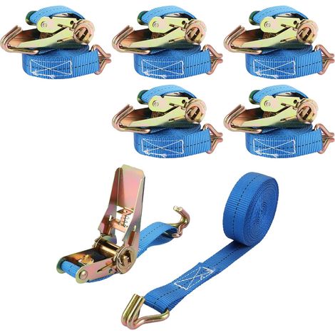 6 Pièces Sangle à Cliquet, 5m x 25mm, Polyester, Crochets en J, 800kg, pour Camion, Moto, Cargaison (1/5)