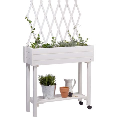 dobar® 58186e - Aiuola rialzata arrotolabile con traliccio  Fioriera su ruote  aiuola in legno massiccio  aiuola sottile per giardino/terrazze/balcone  79 x 28,5 x 130 cm  bianco (1/5)