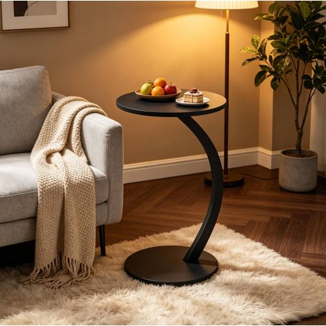 Mesa auxiliar en C, 40x40x64.5 cm, tablero redondo, estructura metálica, negro, MDF (1/5)