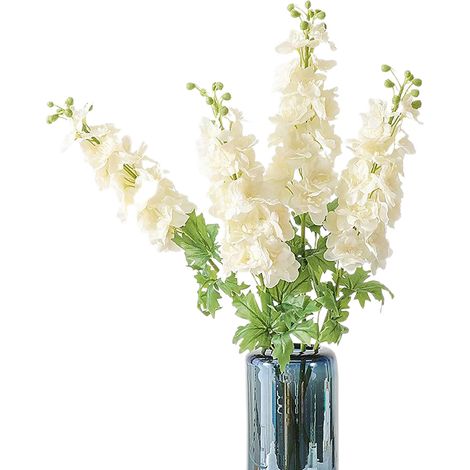 Delphinium artificiel en latex, lot de 4, tige de 80 cm (31,5 pouces), aspect réaliste, idéal pour vase haut, décoration de table, arrangement floral de mariage, blanc. (1/2)